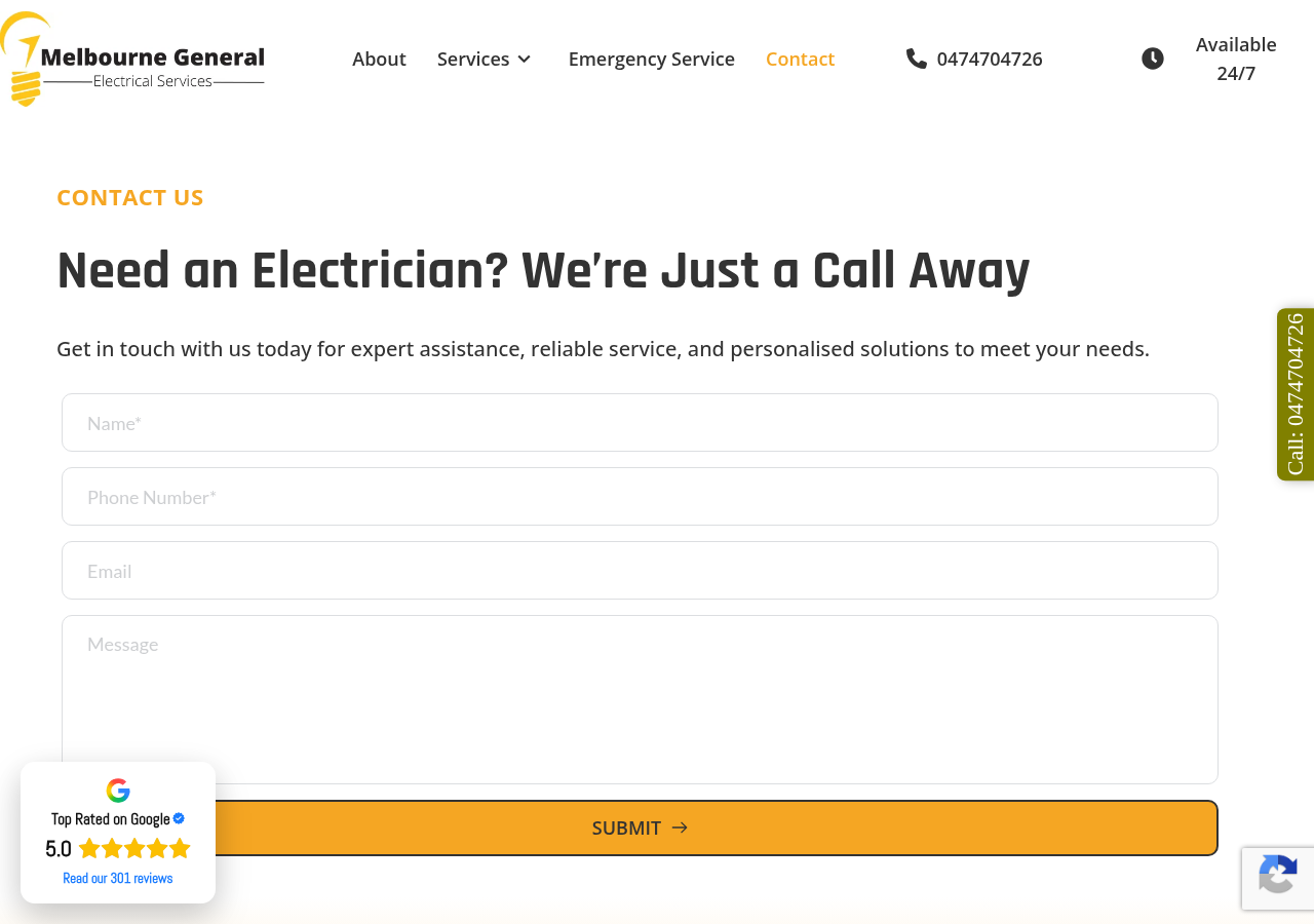 Screenshot of Contact | Melbourne General Electrical Services
