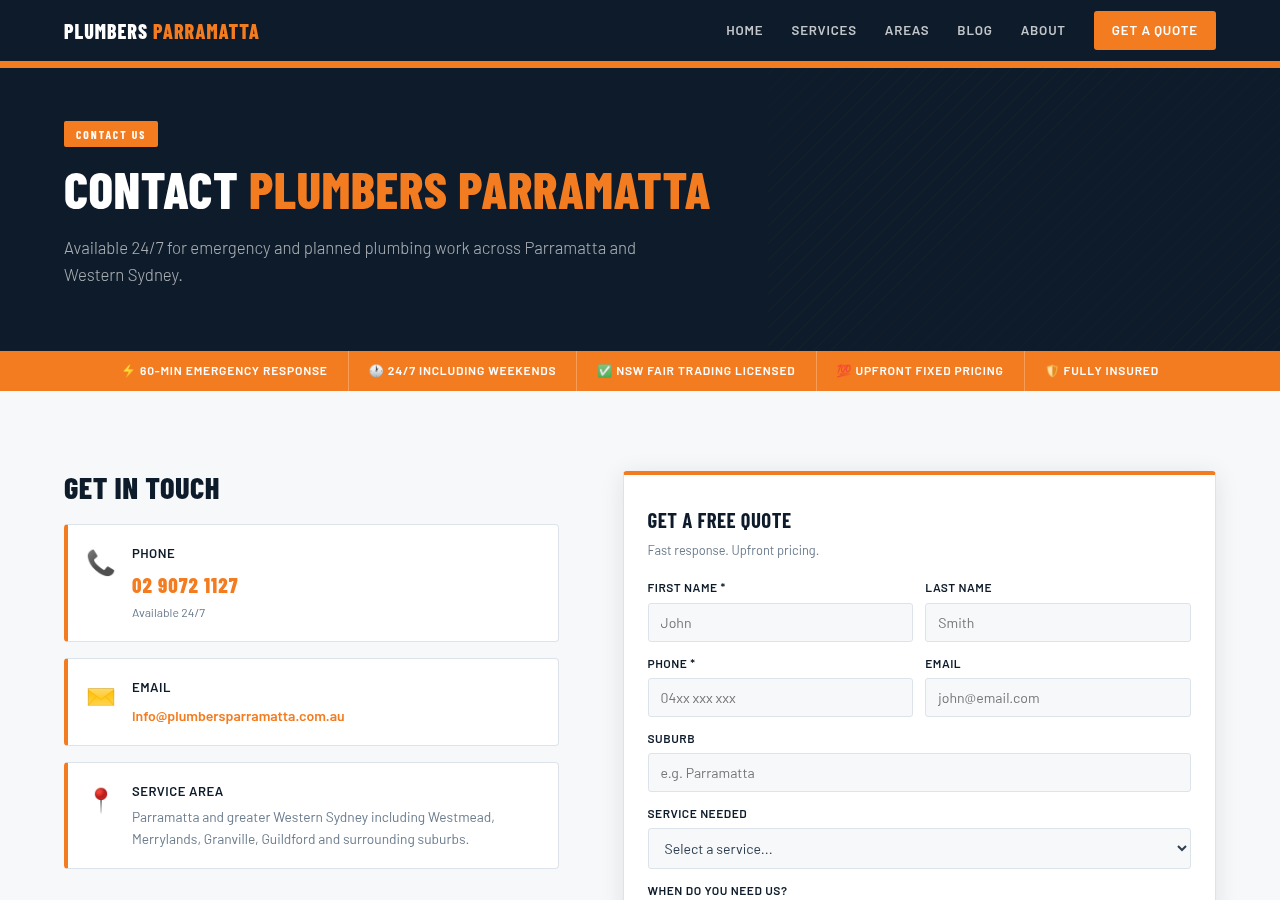 Screenshot of Contact Plumbers Parramatta | 24/7 Available