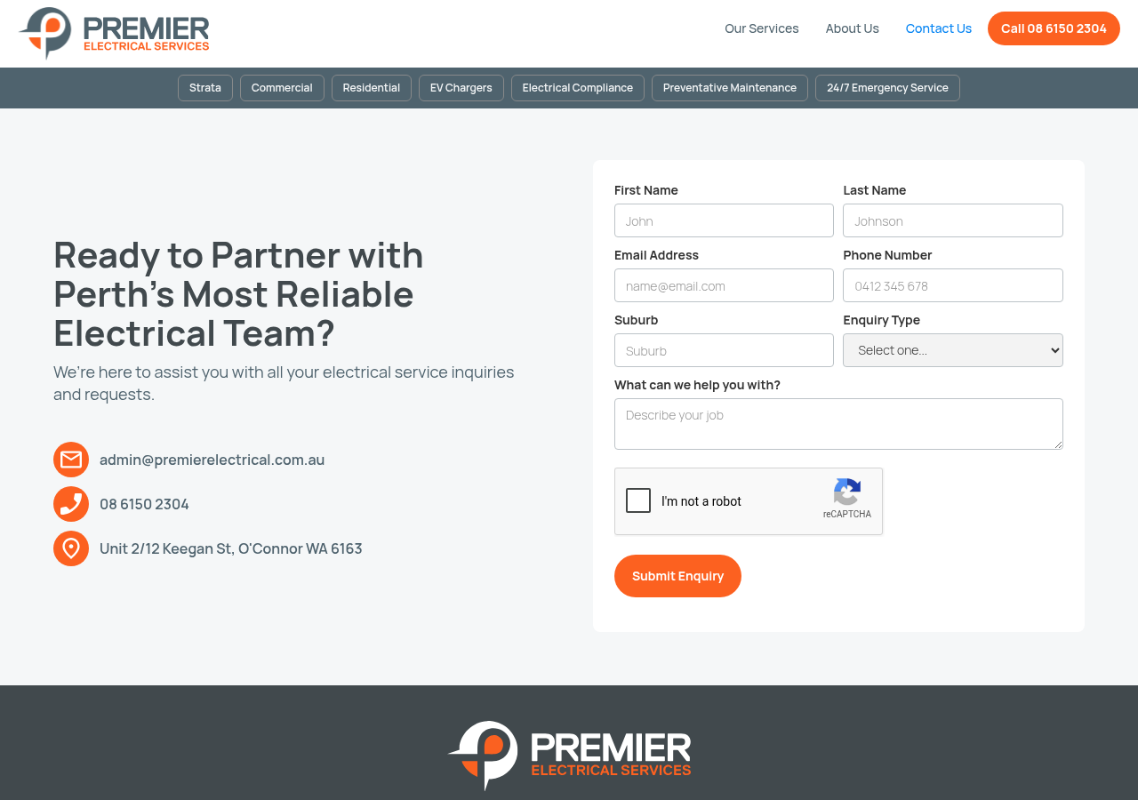 Screenshot of Contact Us | Premier Electrical - Perth