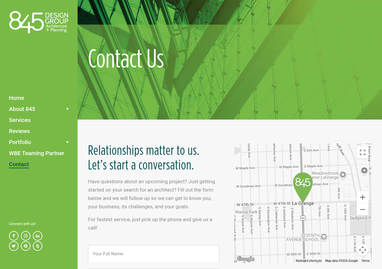 Screenshot of Contact Us - 845 Design Group | Architects | Chicago