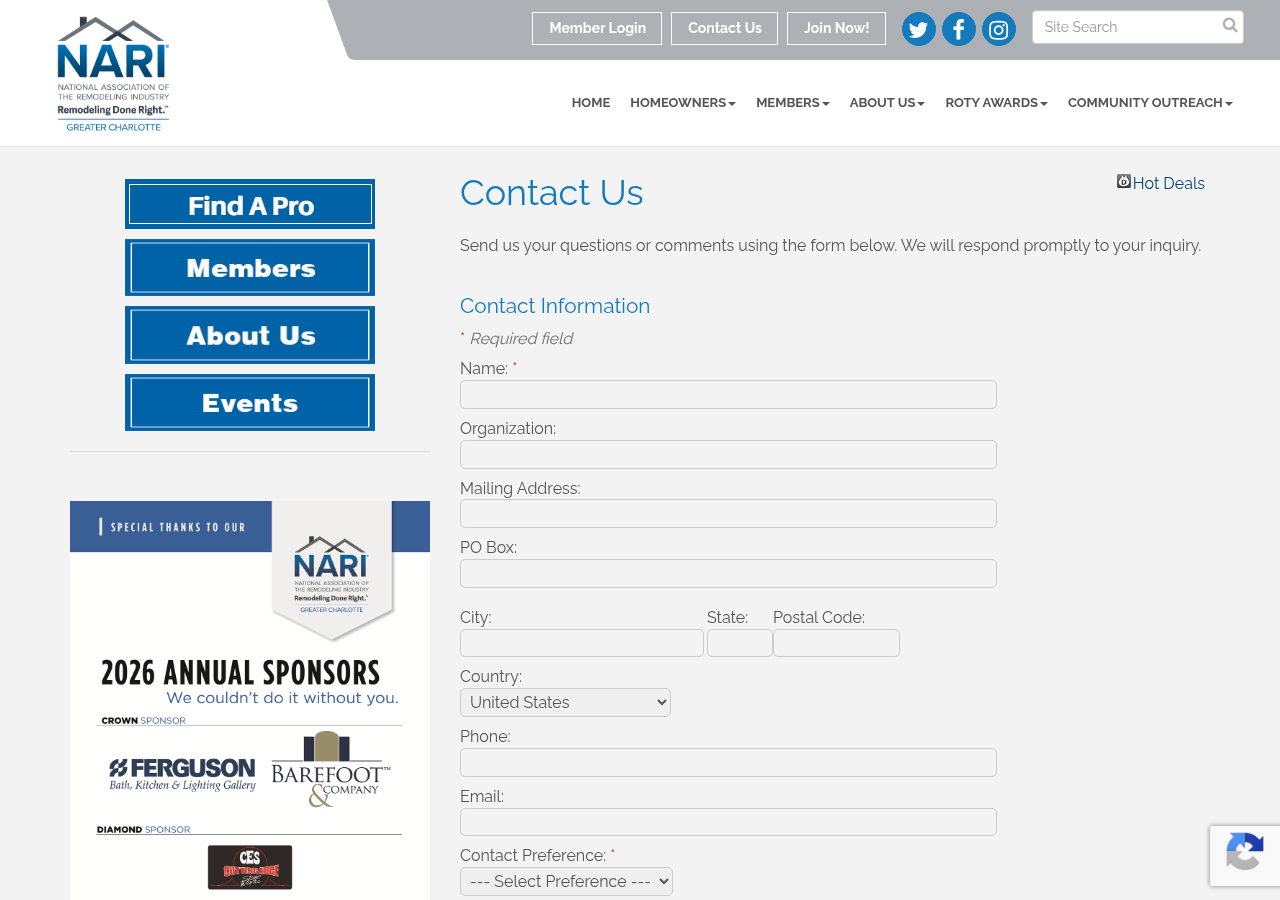 Screenshot of Contact Us - PublicLayout - NARI of Greater Charlotte, Inc., NC