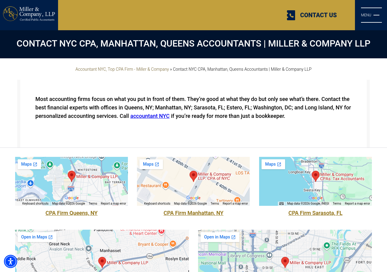 Screenshot of Contact · Manhattan, Queens Accountant CPA | Miller & Company LLP
