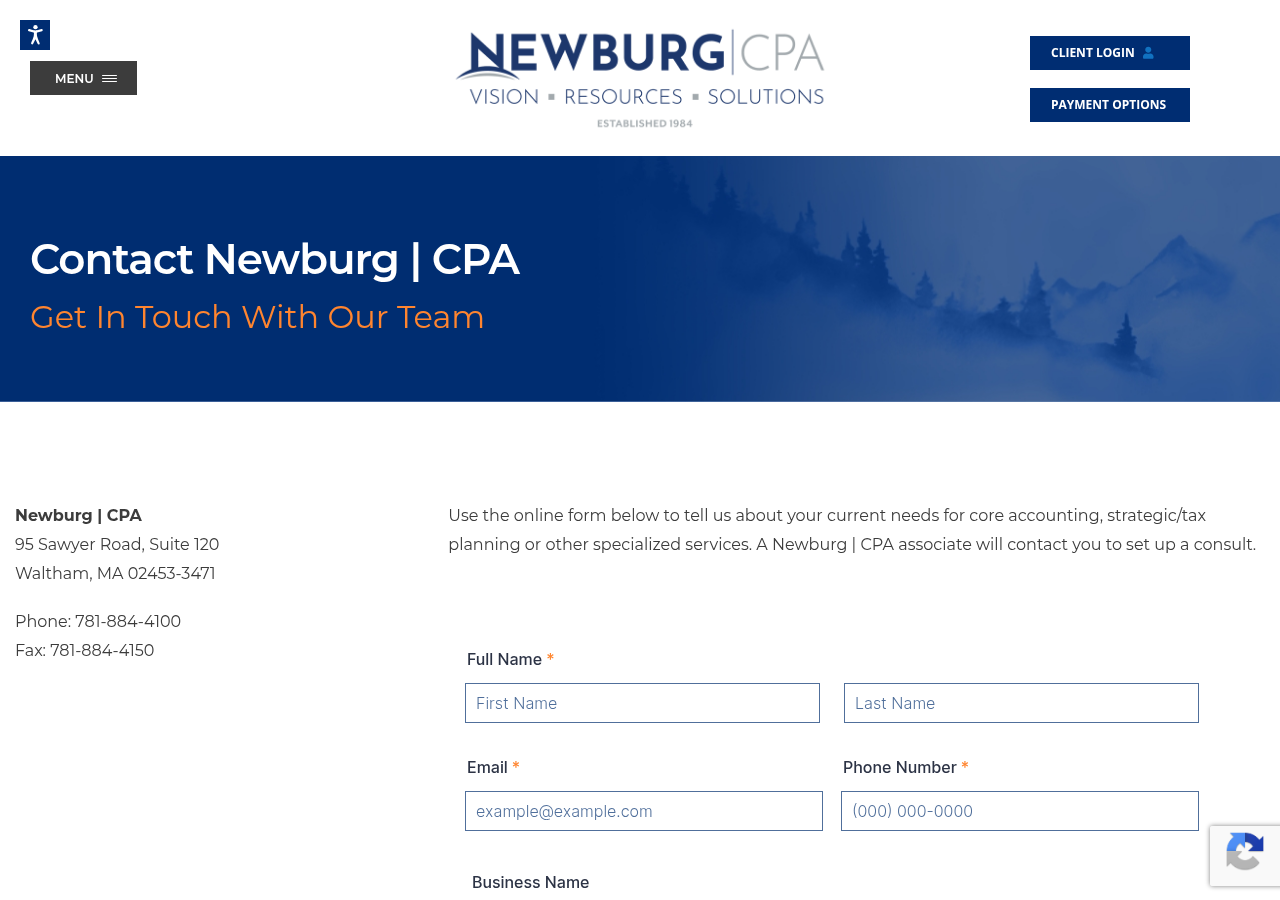 Screenshot of Contact Newburg | CPA | Boston-Area Accounting Firm