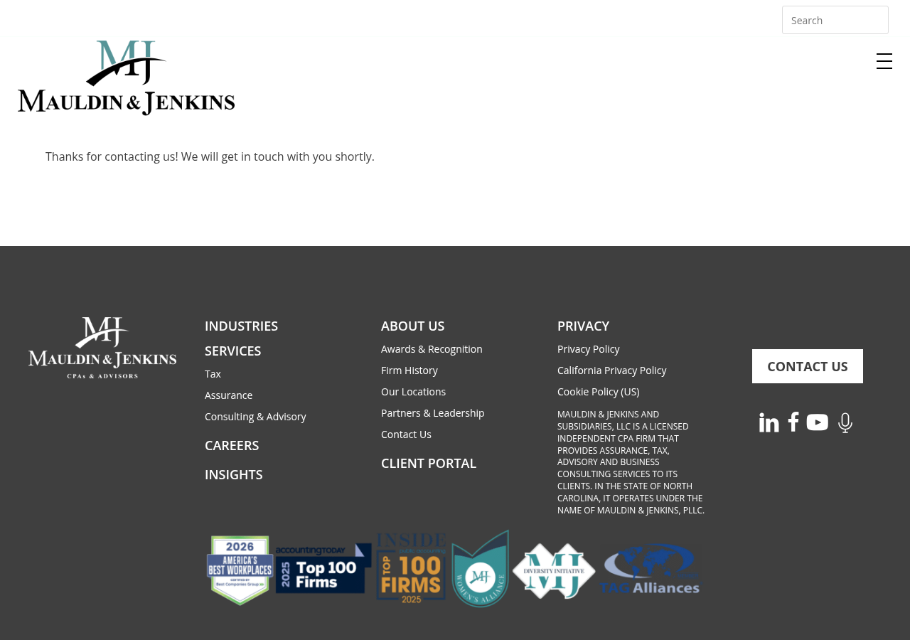 Screenshot of Contact Thank You Page - Accounting And Financial Services - Mauldin & Jenkins