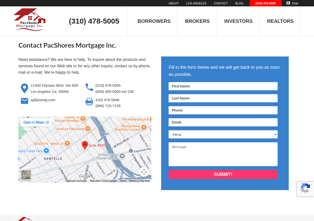 Screenshot of Contact Us | Pacshores Mortgage Broker Los Angeles, CA 310-478-5005
