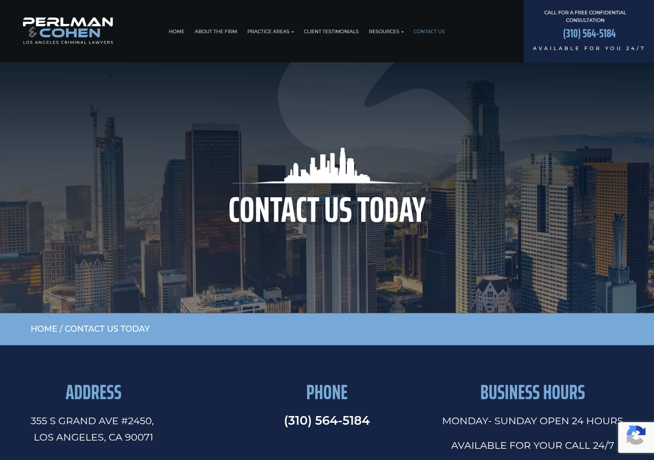 Screenshot of Contact Us Today | Perlman & Cohen Los Angeles Criminal LawyersVisit our Facebookphonechevron-downlinkedinfacebookpinterestyoutubersstwitterinstagramfacebook-blankrss-blanklinkedin-blankpinterestyoutubetwitterinstagram