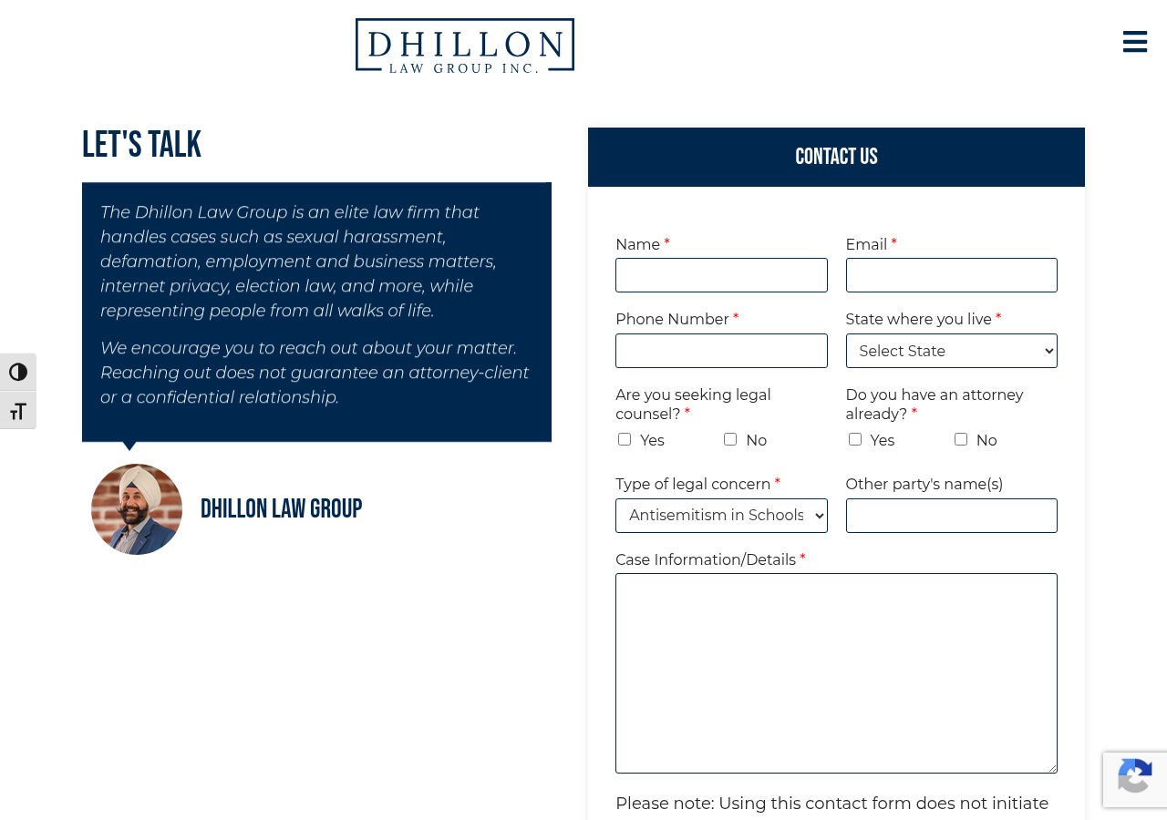 Screenshot of Contact Us - Dhillon Law Group