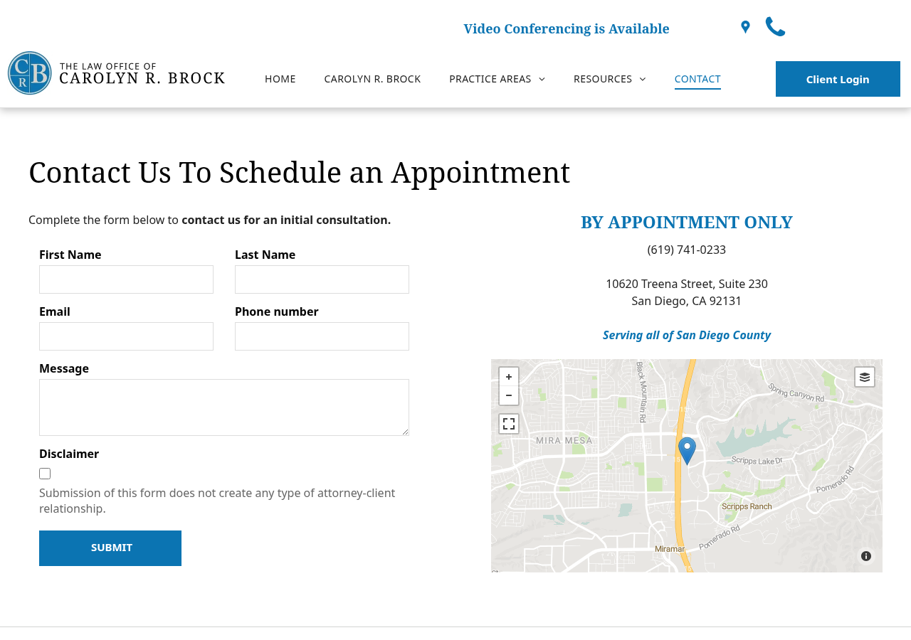 Screenshot of Contact | The Law Office of Carolyn R. Brock | San Diego, CA
  
  phone iconphone icon