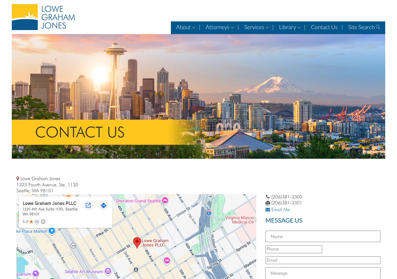 Screenshot of Contact Us | Lowe Graham Jones | Intellectual Property Law Firm in Seattle, Washington
