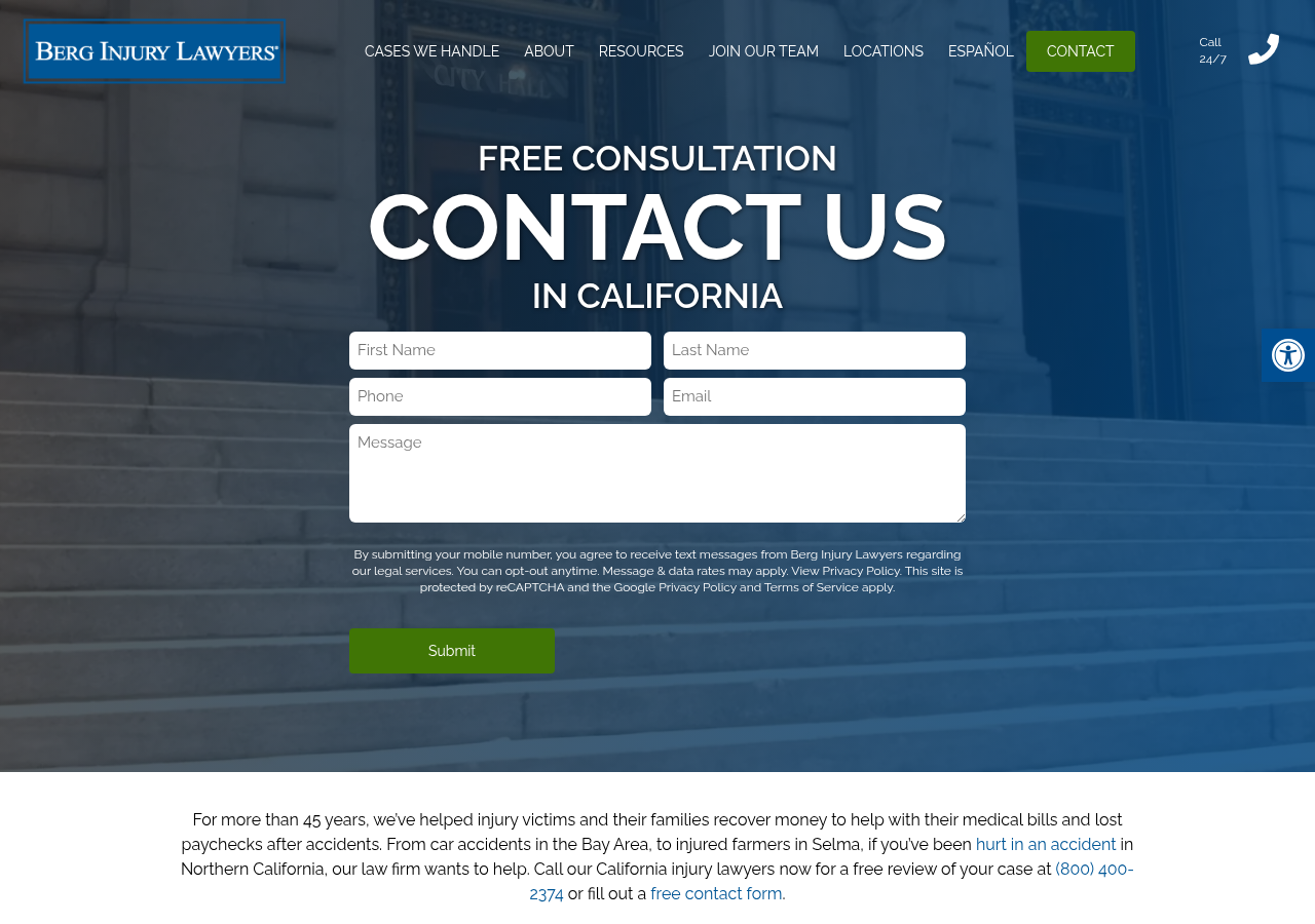 Screenshot of Contact Berg Injury Lawyers | California Injury AttorneysAccessibility ToolsGrayscaleHigh ContrastNegative ContrastLight BackgroundLinks UnderlineReadable FontResetSitemap