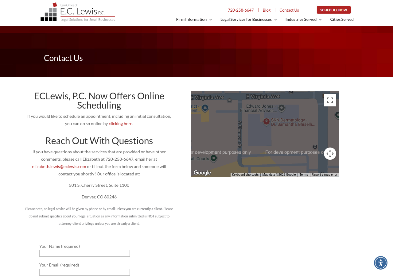 Screenshot of Contact Us - Denver Business Lawyer - Elizabeth Lewis - Law Office of E.C. Lewis PCContact Us - Denver Business Lawyer - Elizabeth Lewis - Law Office of E.C. Lewis PC