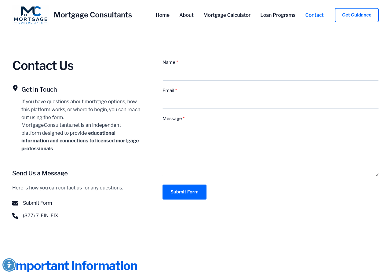 Screenshot of Contact - Mortgage Consultants