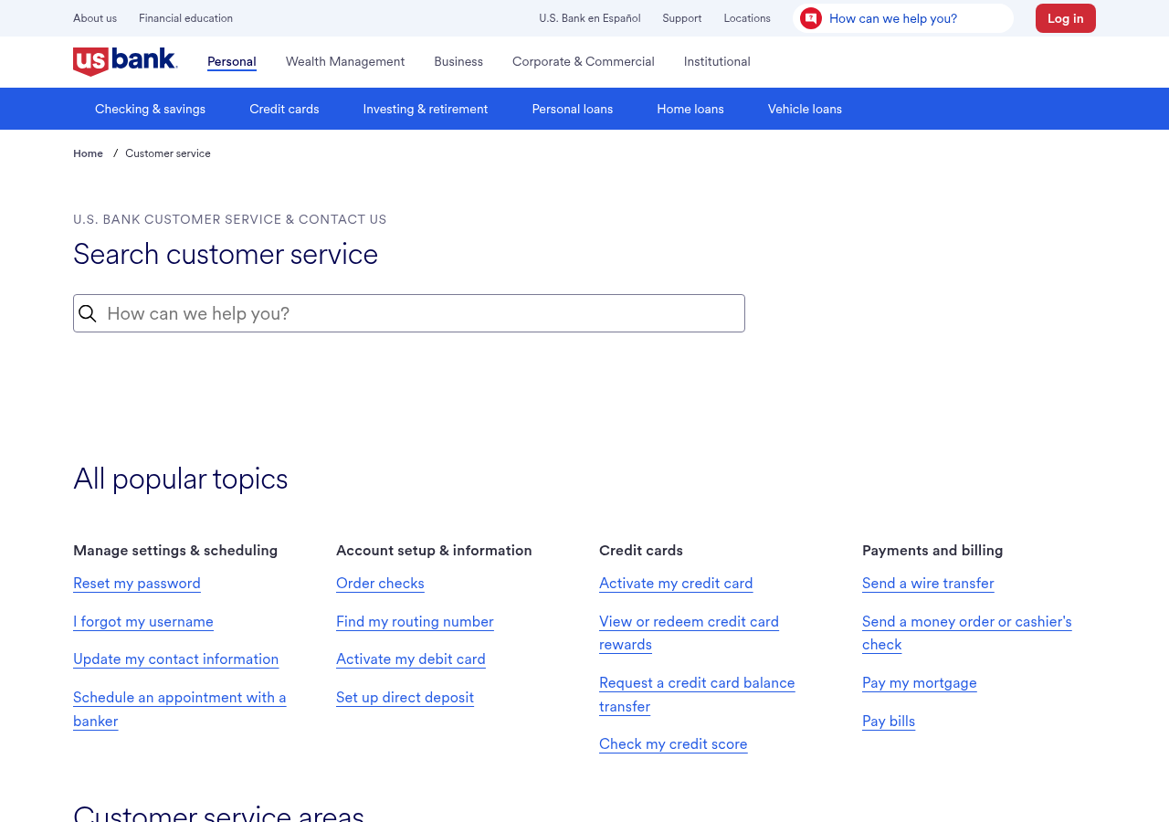 Screenshot of Customer service | U.S. Bank