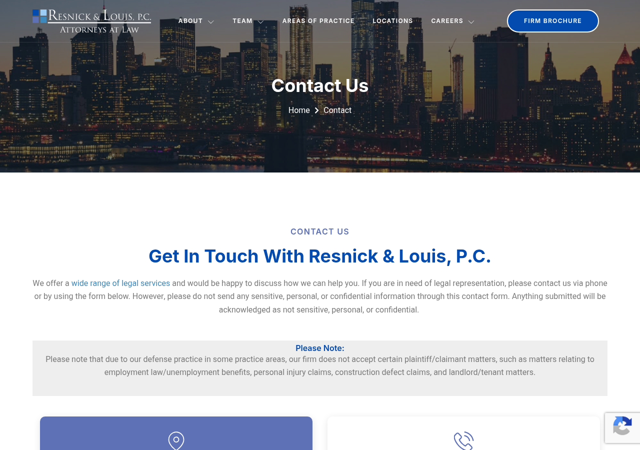 Screenshot of Contact - Resnick & Louis, P.C.