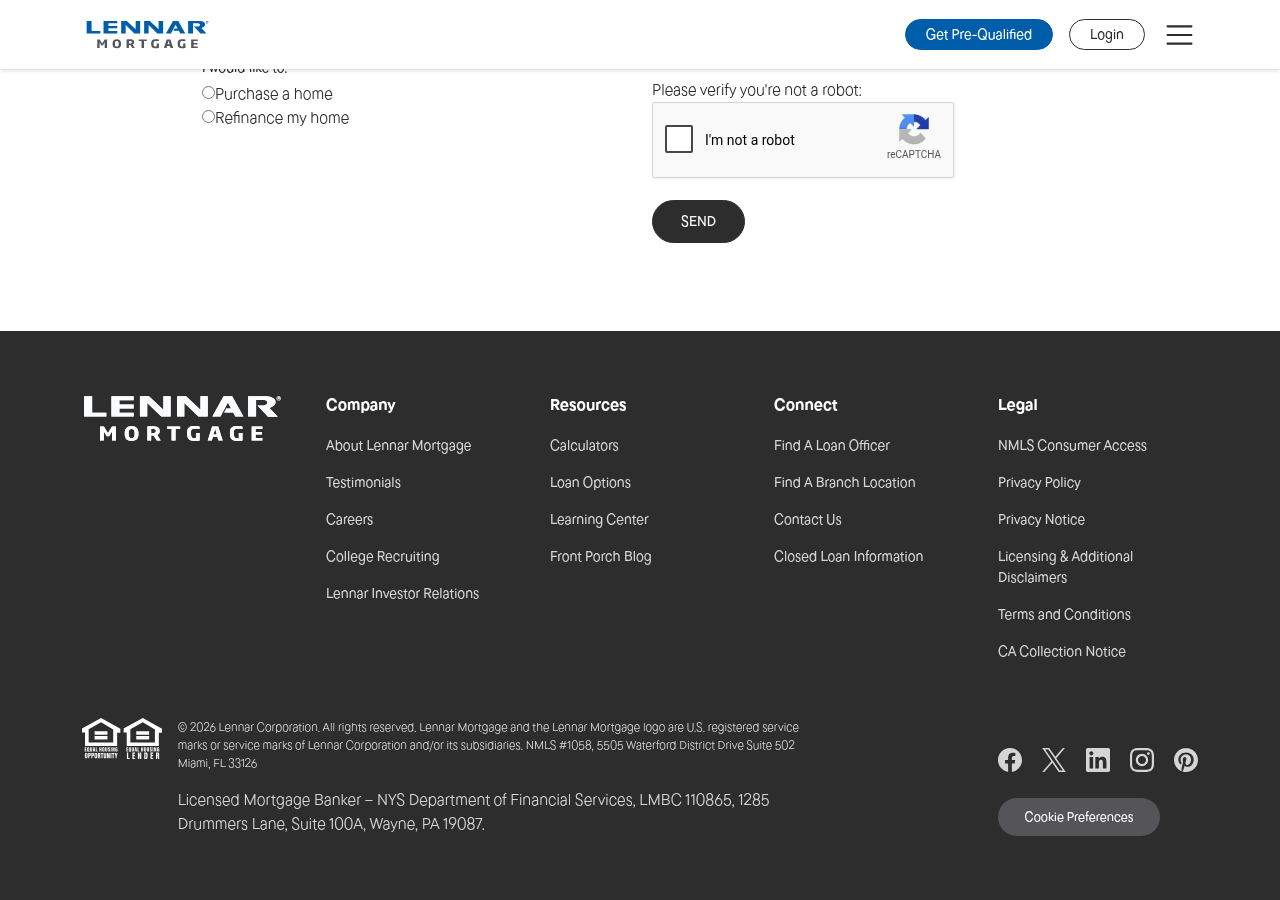 Screenshot of Contact Lennar Mortgage