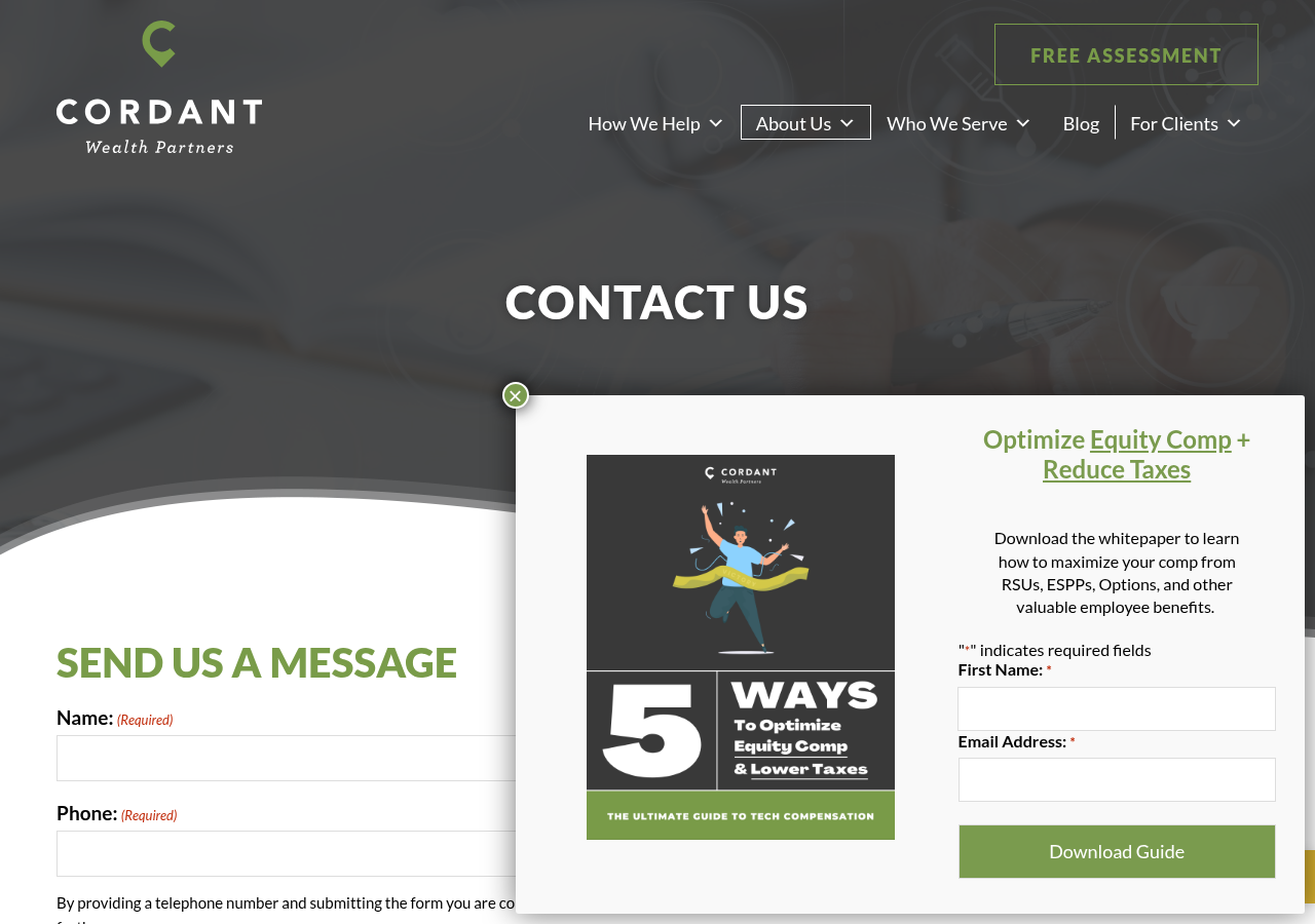 Screenshot of Contact A Certified Financial Advisor | Cordant WealthAccessibility ToolsIncrease TextDecrease TextGrayscaleHigh ContrastNegative ContrastLight BackgroundLinks UnderlineReadable FontResetSitemapAccessibility Feedback