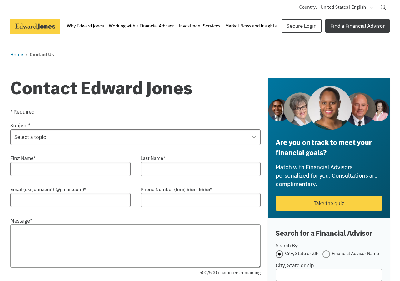 Screenshot of Contact Us Form | Edward Jones