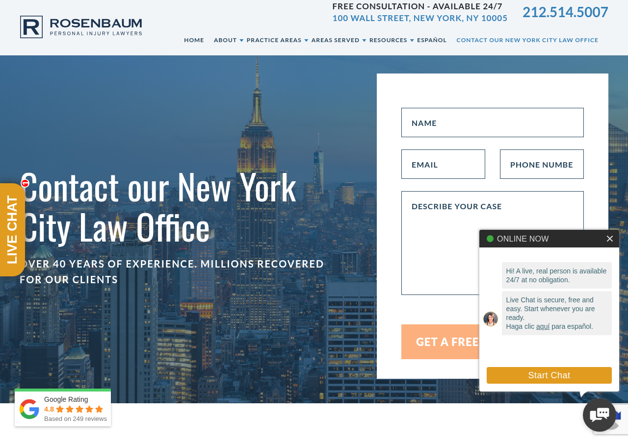 Screenshot of Contact Our NYC Personal Injury Law Firm Near You - New York Accident Attorneys - Rosenbaum Personal Injury Lawyers