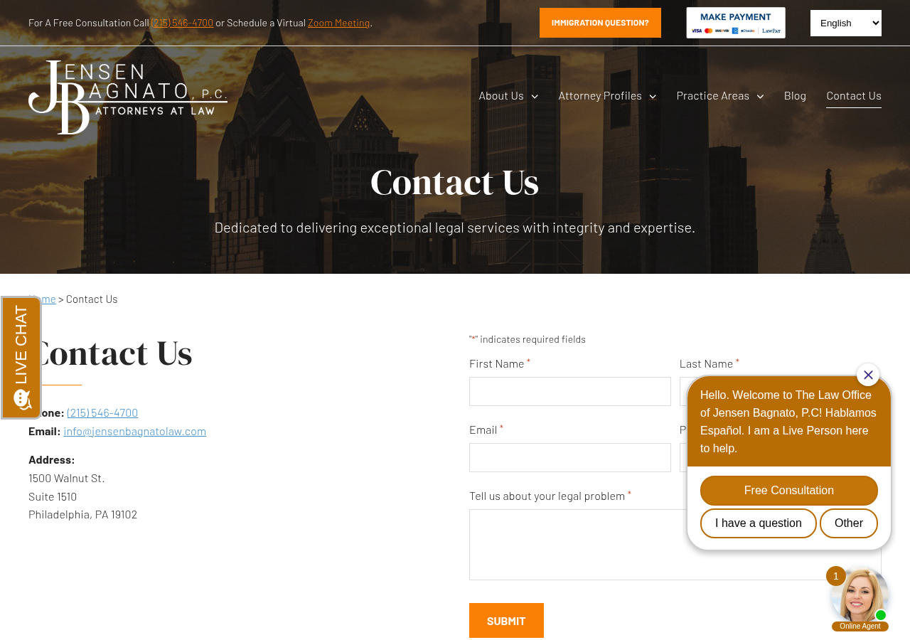 Screenshot of Contact Us - Jensen Bagnato, P.C.