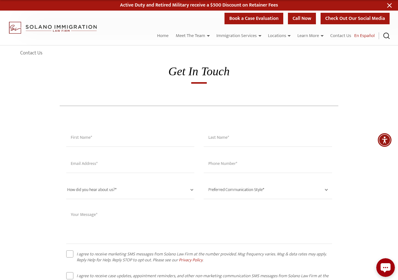 Screenshot of Contact Us | Solano Law Firm, LLC