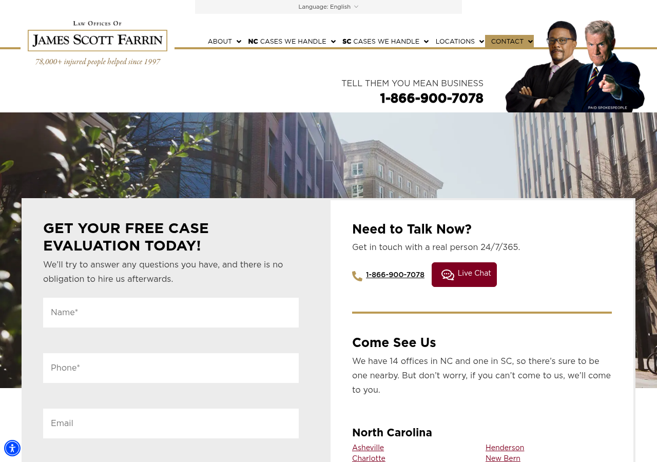 Screenshot of Contact the Law Offices of James Scott Farrin