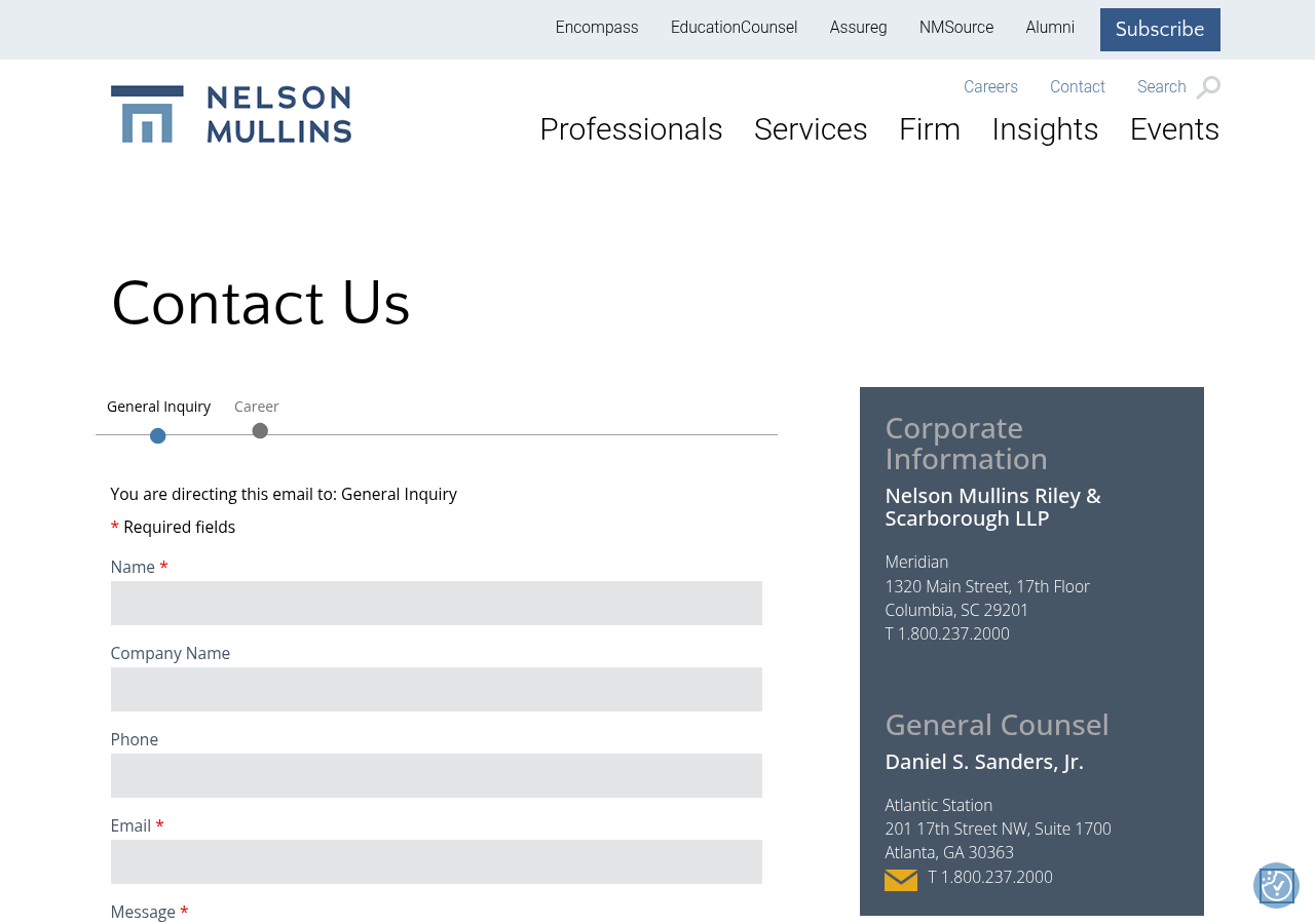 Screenshot of Nelson Mullins - Contact Us