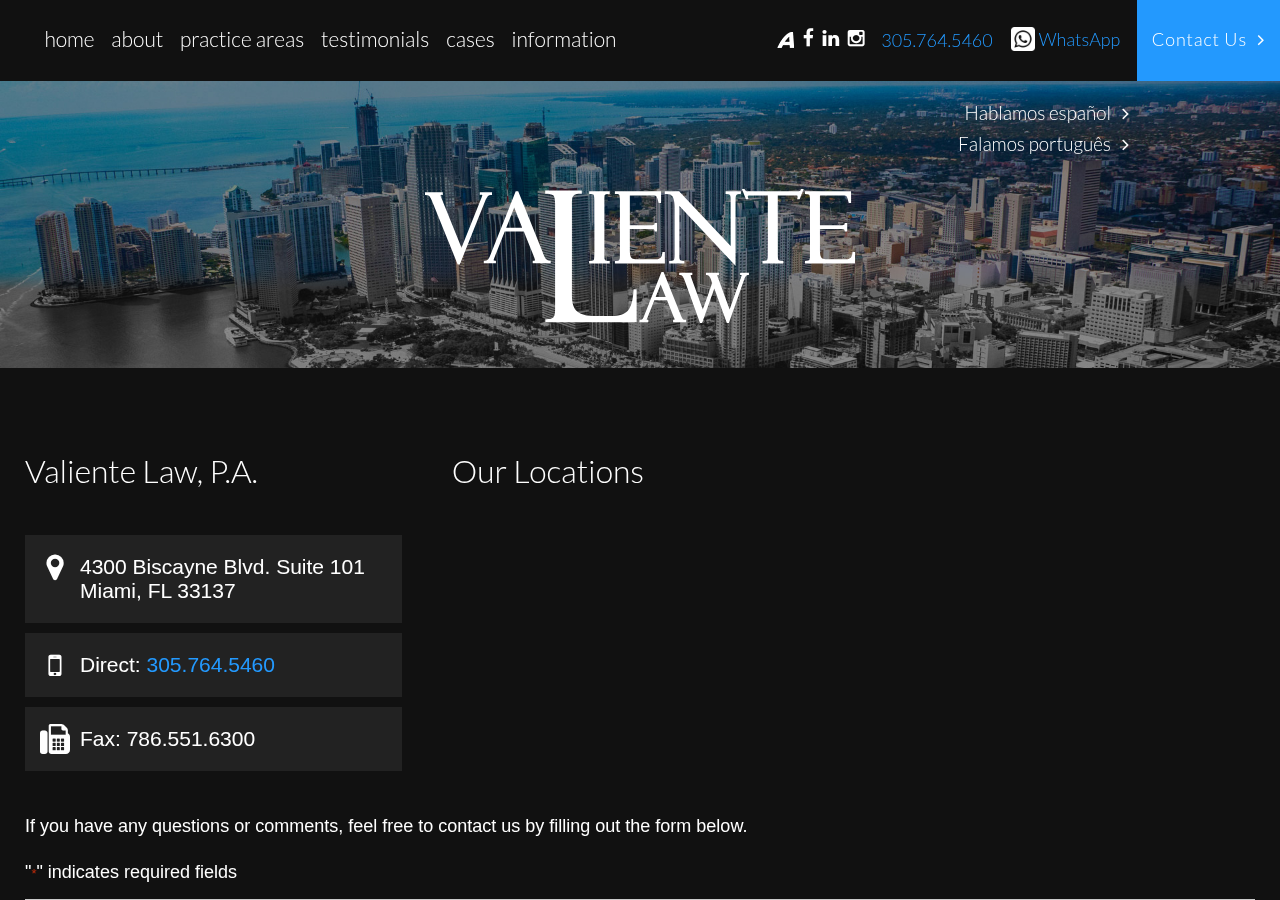 Screenshot of Miami, Florida Contact Us Law Firm - Valiente Law