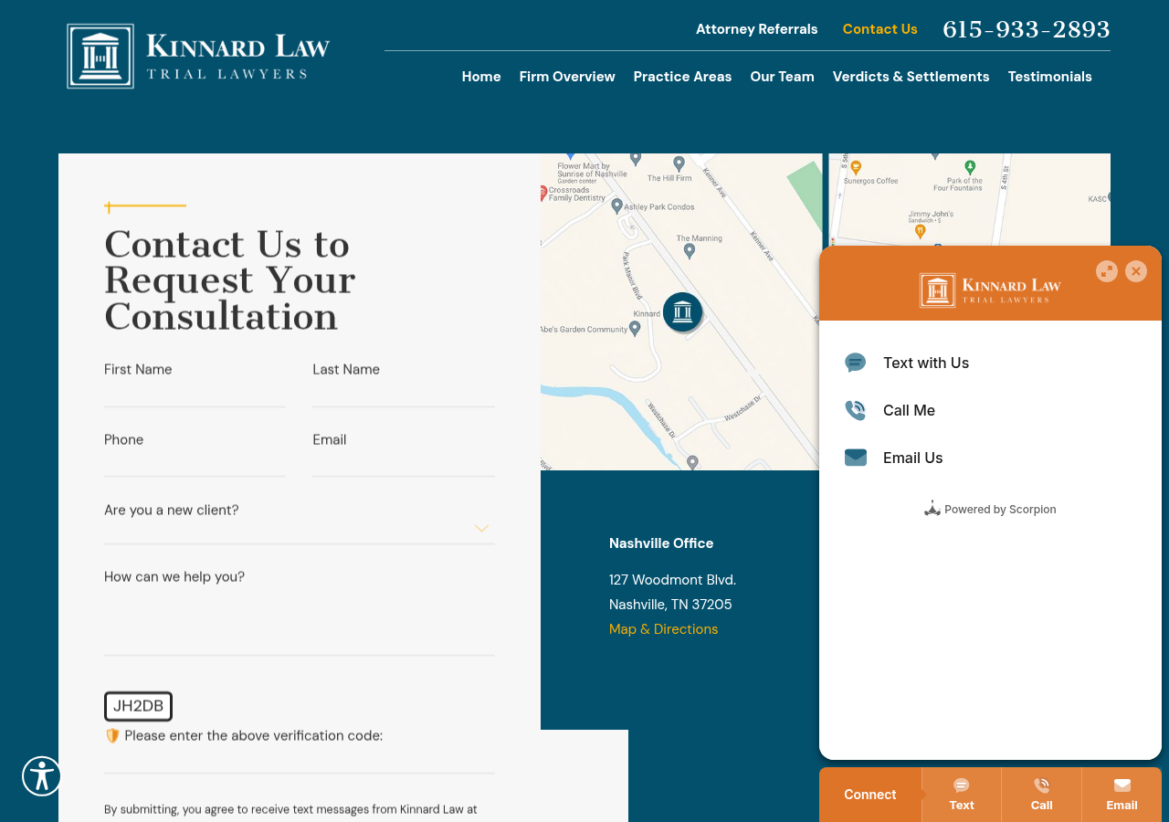 Screenshot of Contact Kinnard Law in Nashville, TN