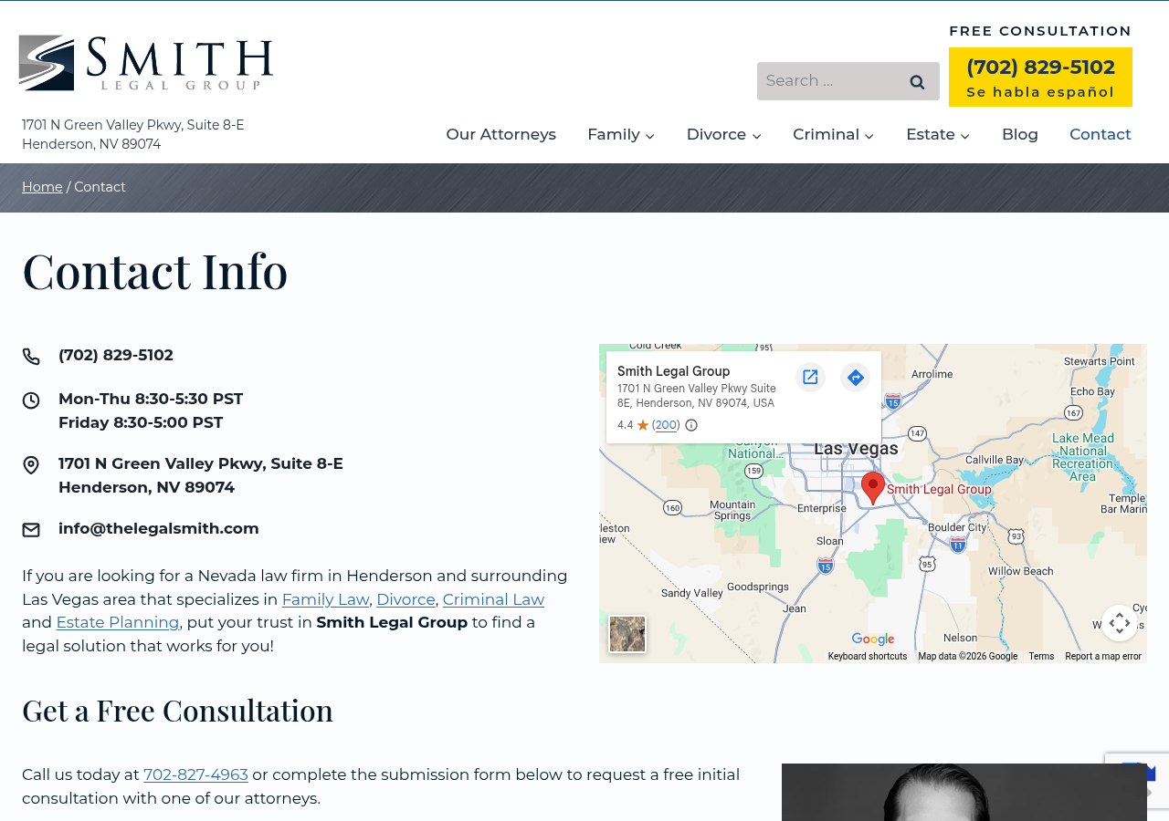 Screenshot of Contact Our Law Firm - The Smith Legal GroupSearchExpandExpandExpandExpandToggle MenuPhoneSearchphone iconclock iconaddress iconemail iconaddress iconphone iconemail iconhours iconScroll to topScroll to topExpandExpandExpandExpandToggle Menu CloseSearch