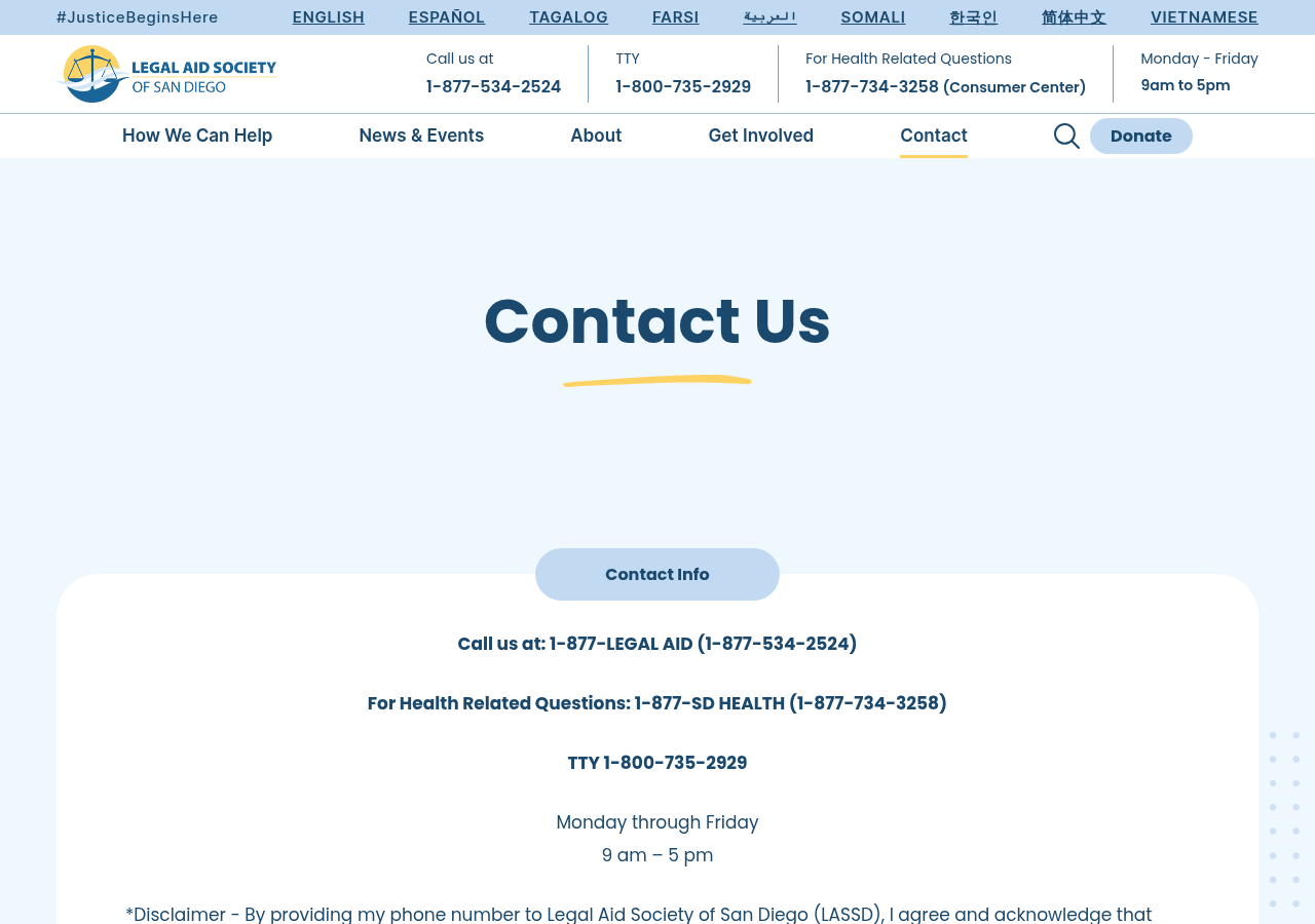 Screenshot of Contact - Legal Aid Society of San Diego