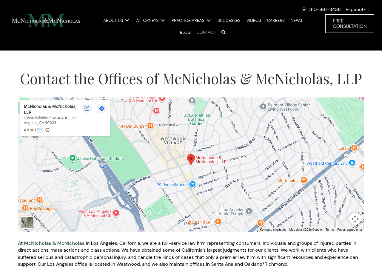 Screenshot of Contact the Legal Team at McNicholas & McNicholas in Los Angeles, CA