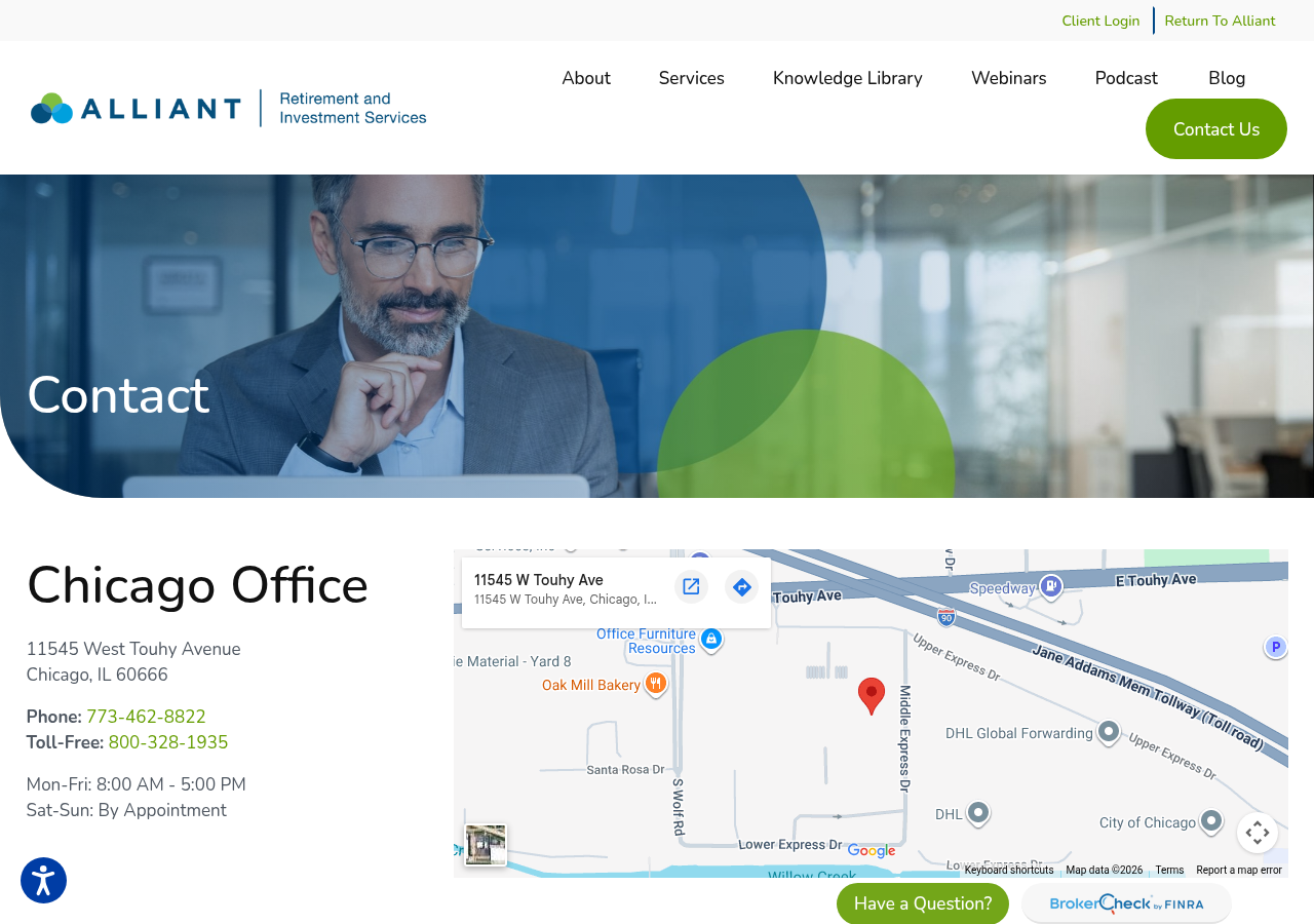 Screenshot of Contact | Alliant Retirement and Investment Services