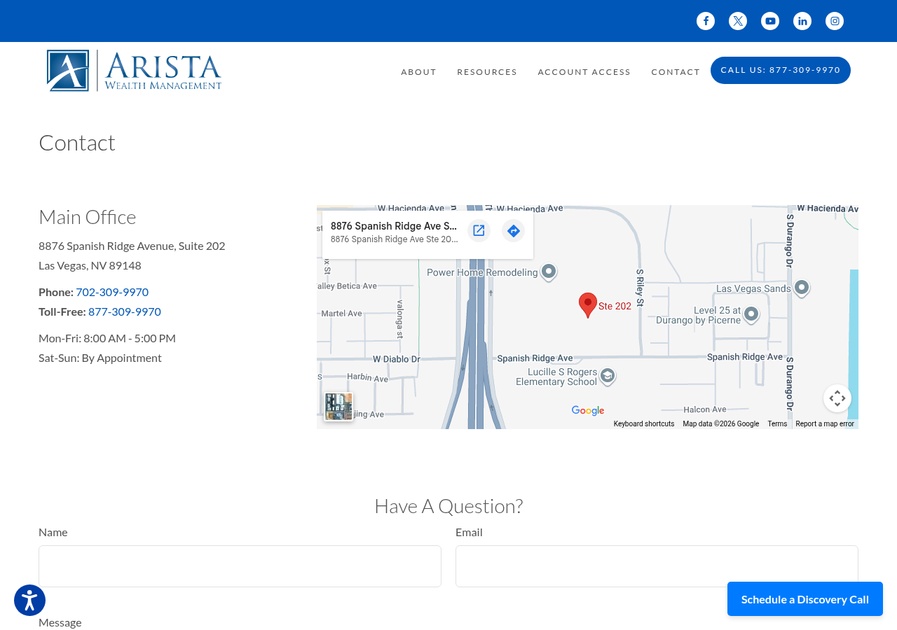 Screenshot of Contact | Arista Wealth Management