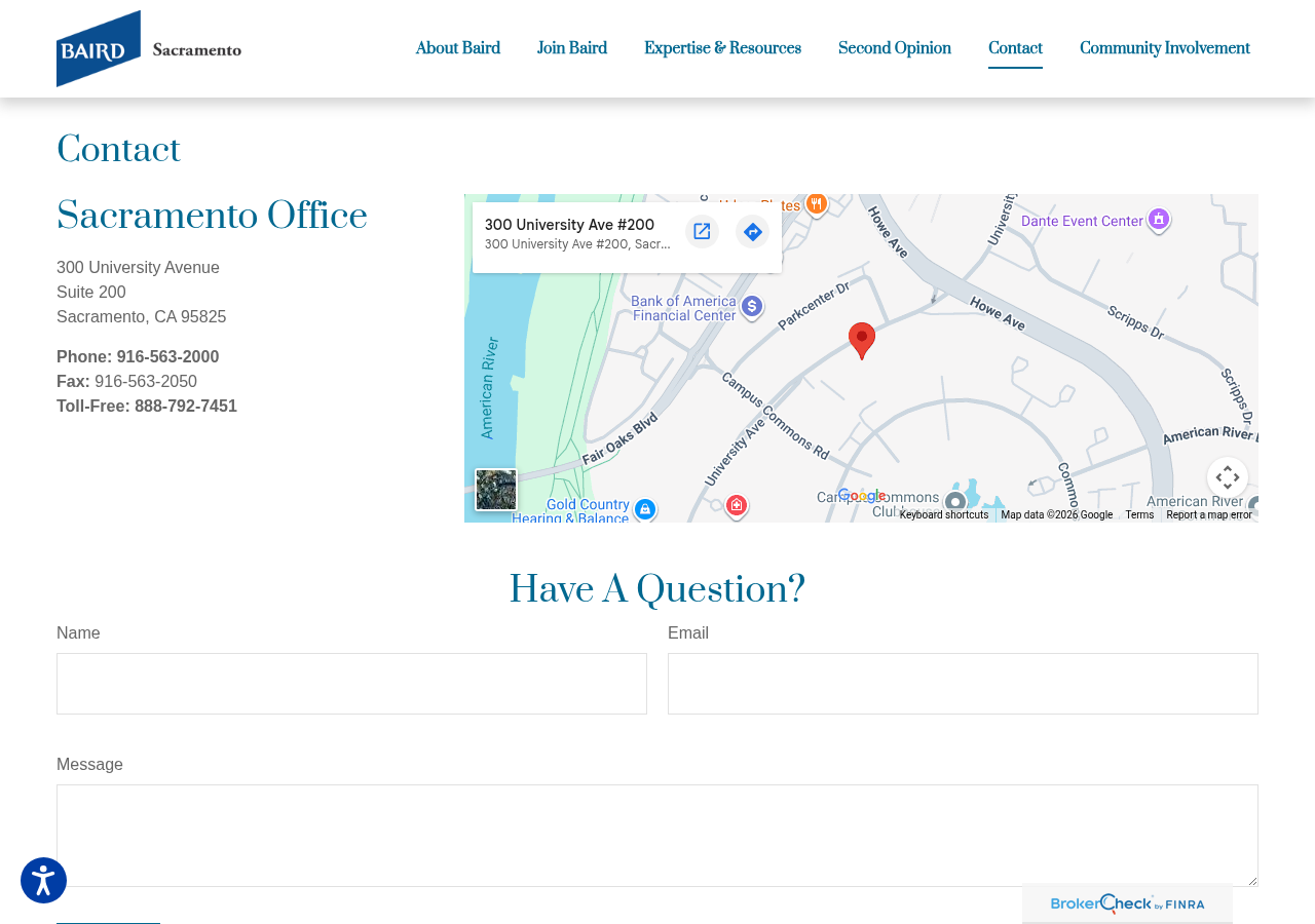 Screenshot of Contact | Baird's Sacramento Office
