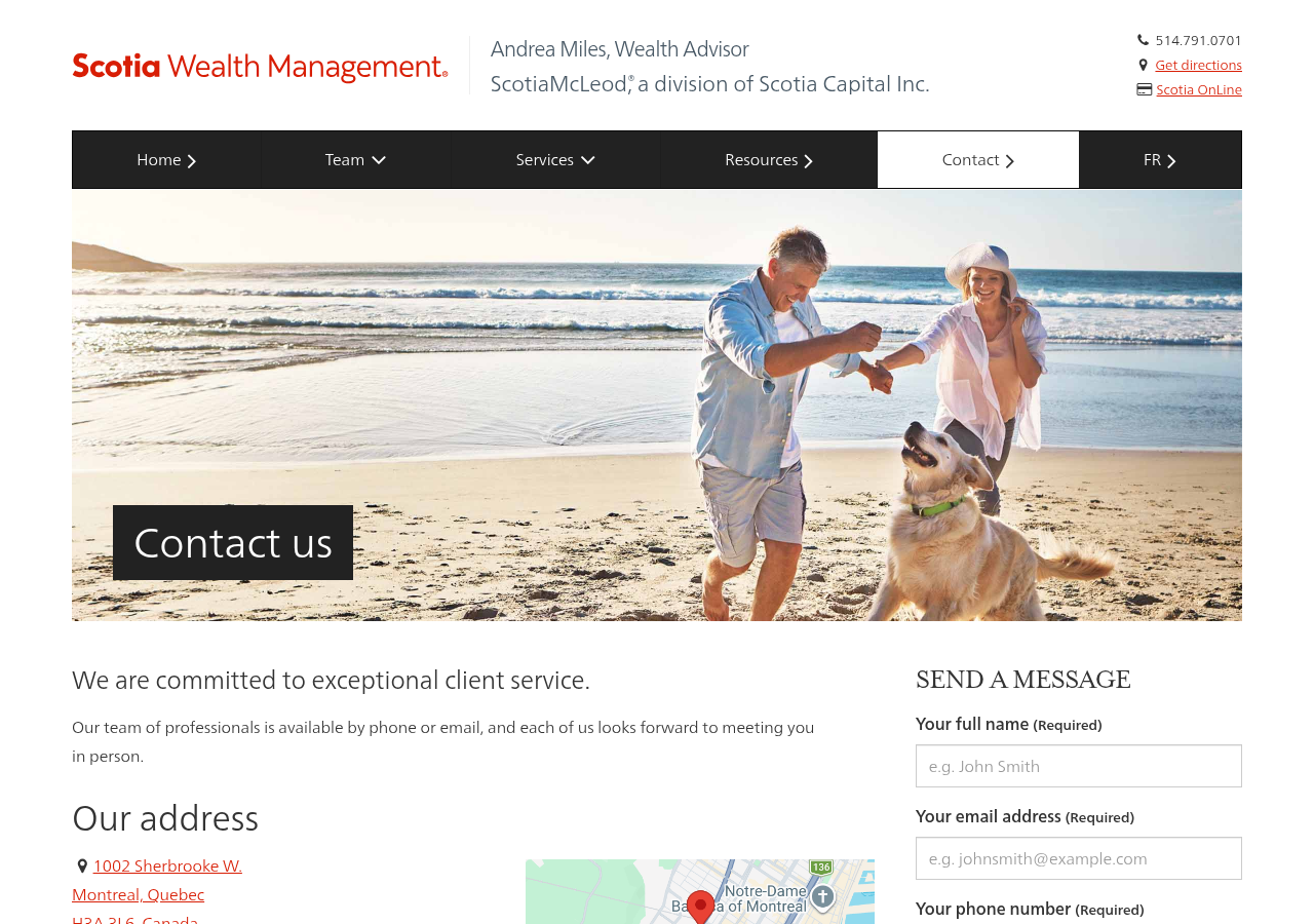 Screenshot of Contact us · Andrea Miles, Wealth Advisor · Scotia Wealth Management