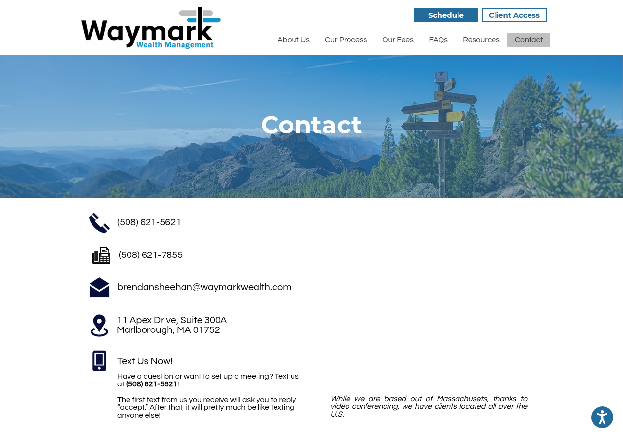 Screenshot of Contact Waymark Wealth Management | Greater Boston Financial Advisor