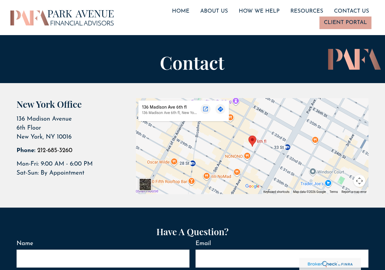Screenshot of Contact Us | PAFA | Park Avenue Financial Advisors | Financial Planning | Wealth Management | NYC