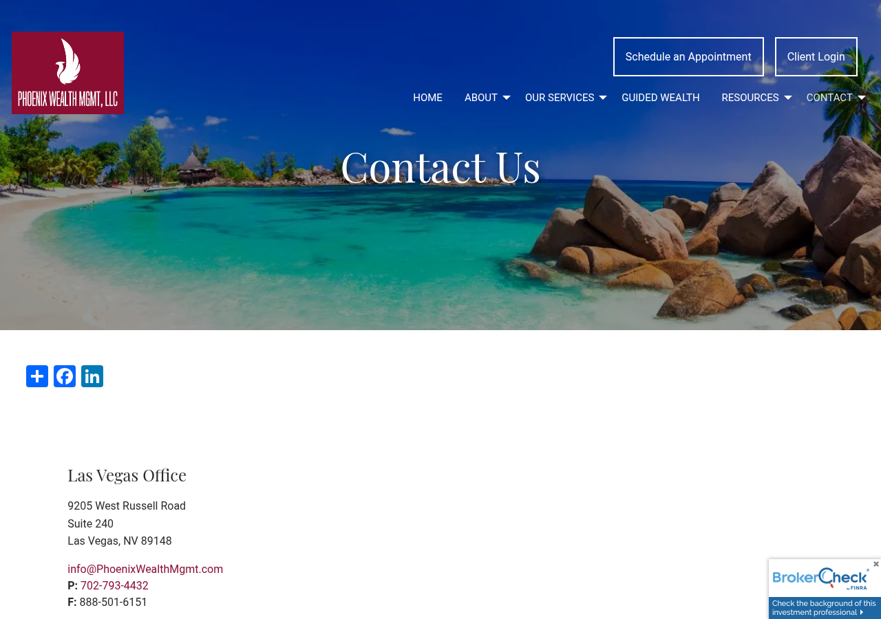 Screenshot of Contact Us | Phoenix Wealth Management, LLC.