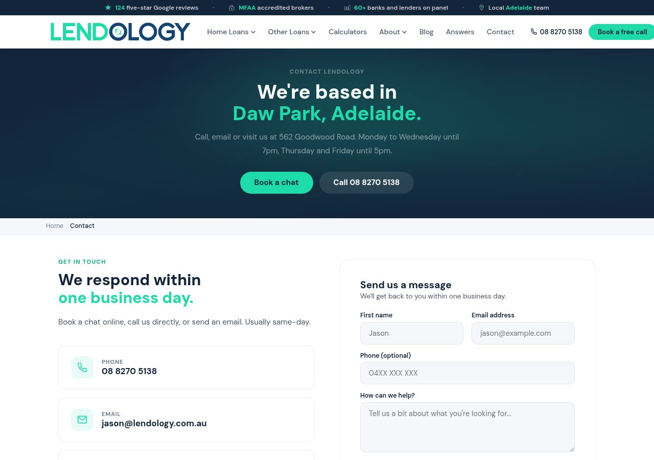 Screenshot of Contact Lendology | Adelaide Mortgage Brokers | Daw Park SA