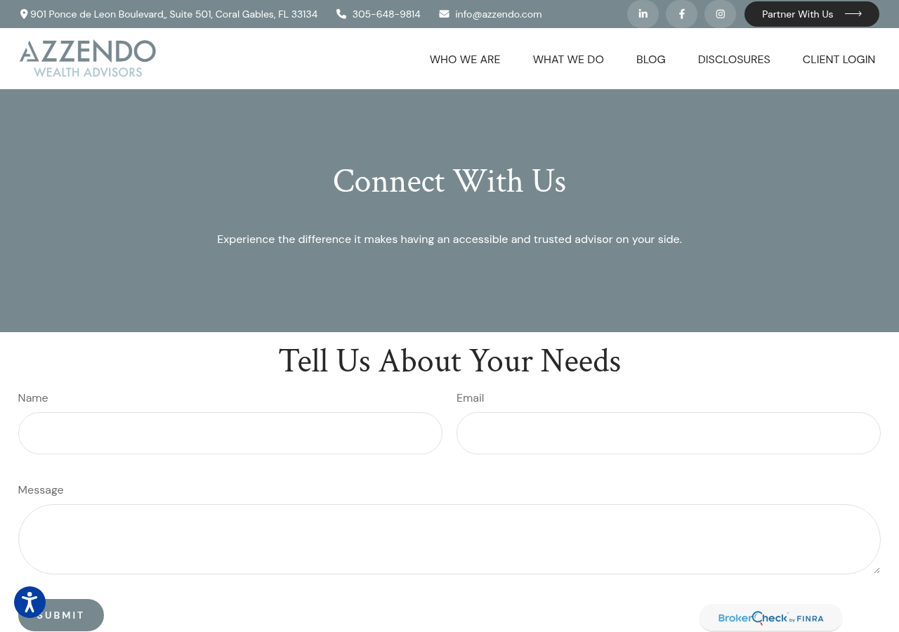 Screenshot of Contact | Azzendo Wealth Advisors