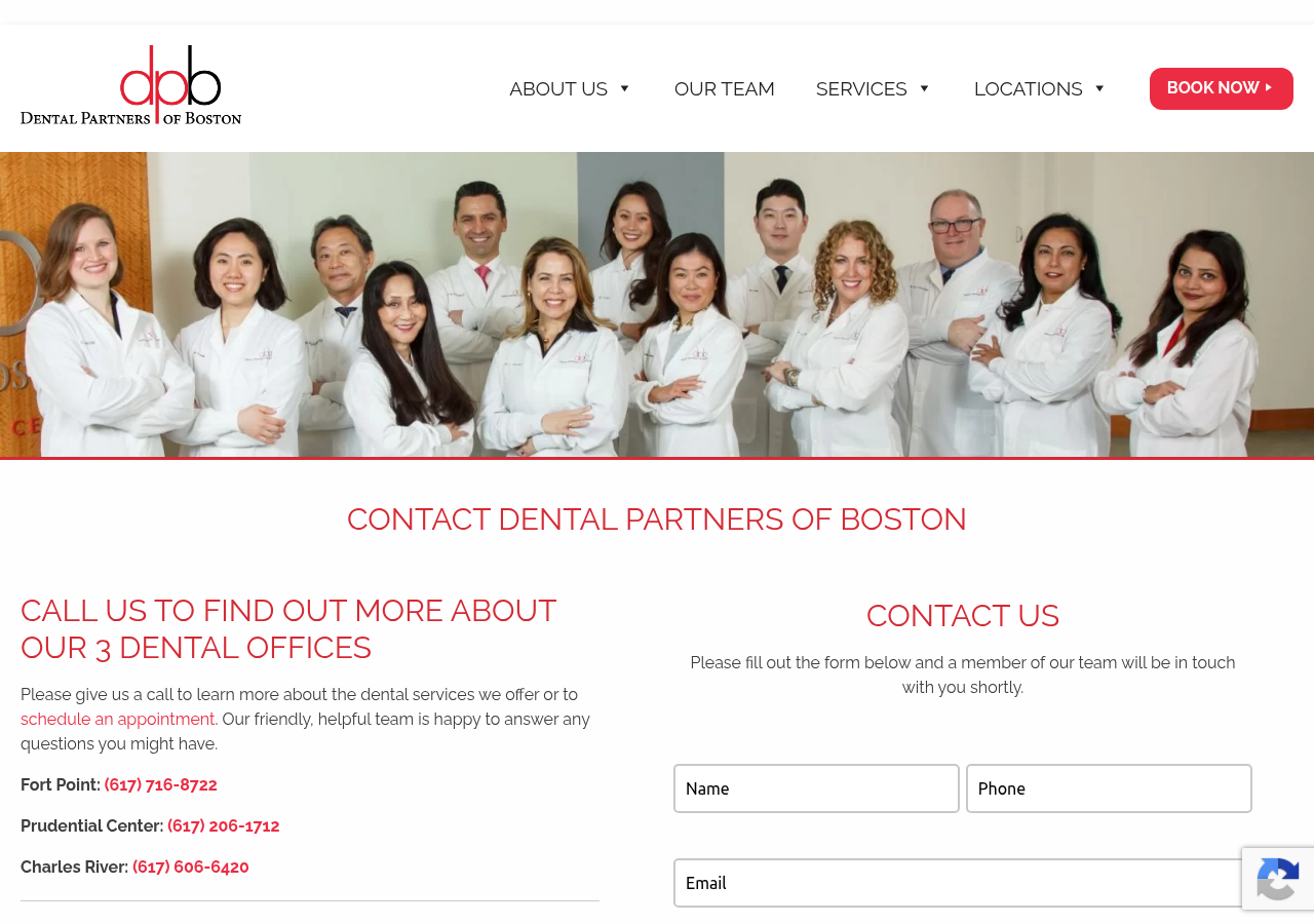 Screenshot of Contact Us | Dental Partners of Boston | Cosmetic Dentistry