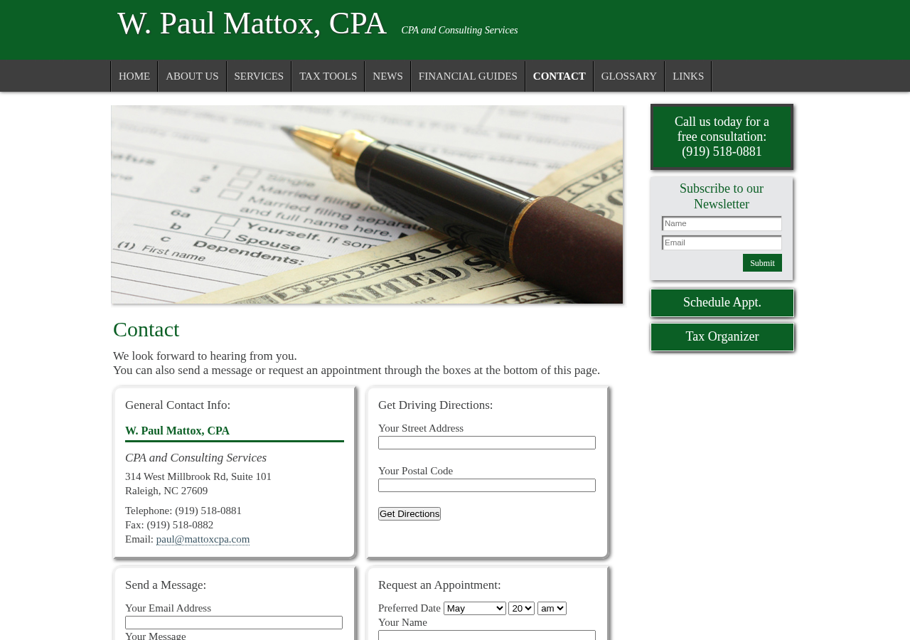 Screenshot of W. Paul Mattox, CPA: A professional tax and accounting firm in Raleigh, North Carolina: Contact