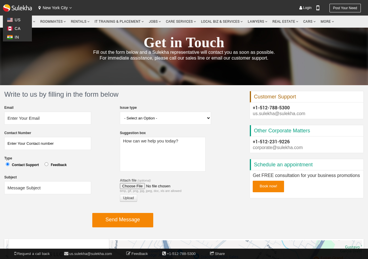 Screenshot of Sulekha US LLC - Contact Us for Immediate Assistance Or Write to us