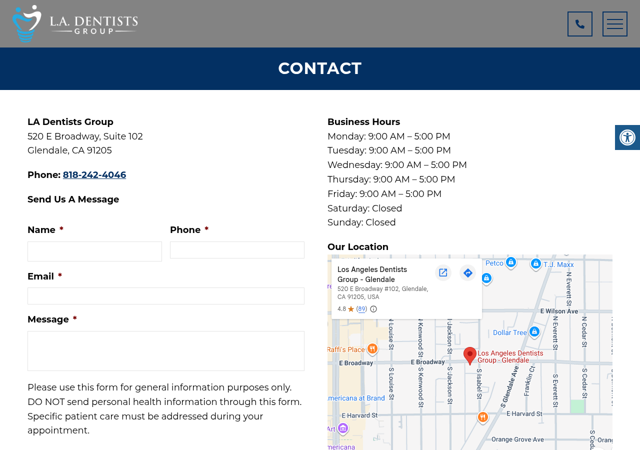 Screenshot of Dentist Near Me - Contact Us | LA Dentists GroupAccessibility ToolsIncrease TextDecrease TextGrayscaleLinks UnderlineReadable Font