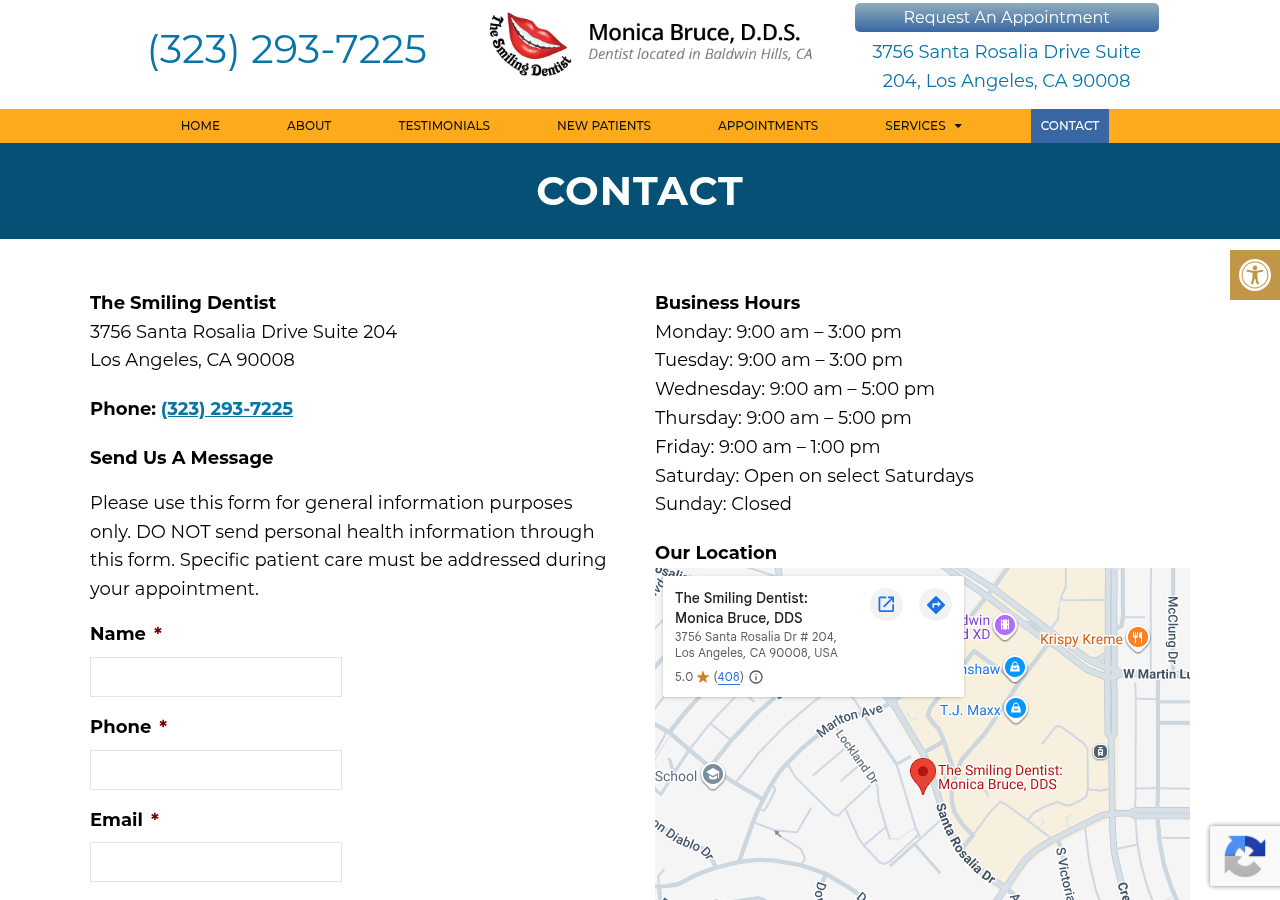 Screenshot of Dentist Near Me - Contact Us | The Smiling DentistAccessibility ToolsIncrease TextDecrease TextGrayscaleLinks UnderlineReadable Font