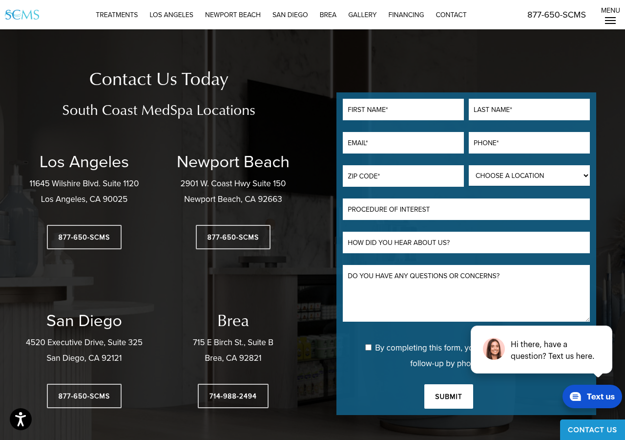 Screenshot of Contact Us | South Coast MedSpa
