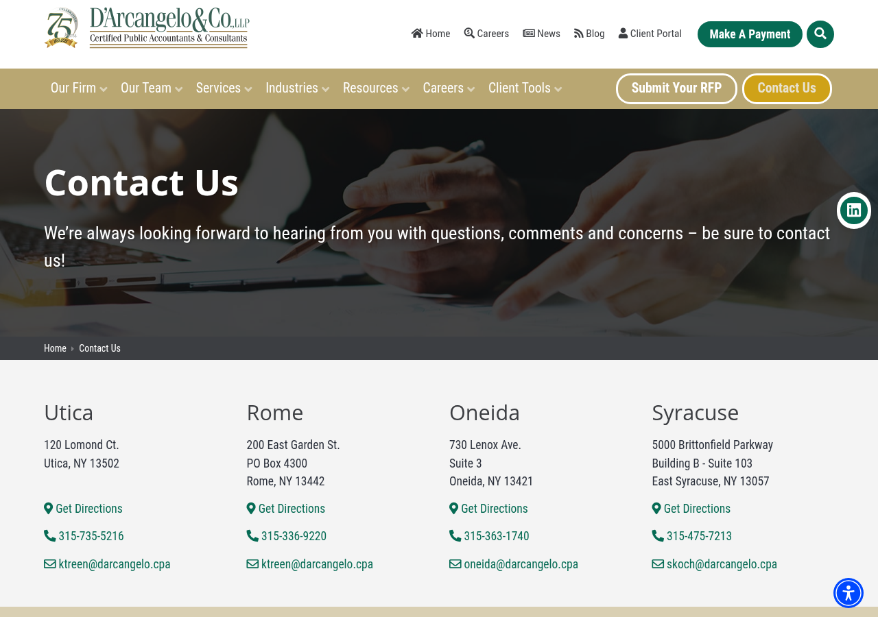 Screenshot of Contact Us - D'Arcangelo & Co., LLP