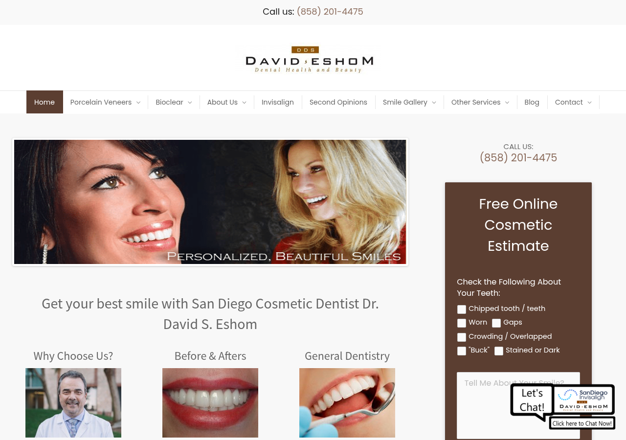 Screenshot of Dr. David Eshom San Diego Cosmetic Dentist