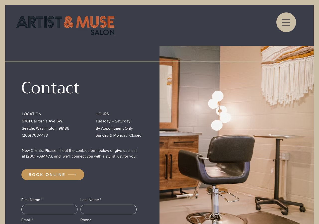 Screenshot of Contact Us | Artist & Muse Salon | West Seattle Hair Experts