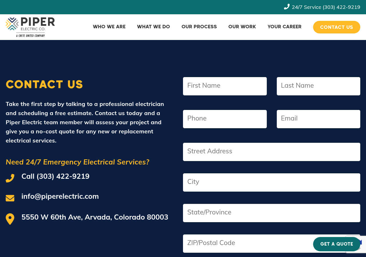 Screenshot of Contact Us - Piper Electric